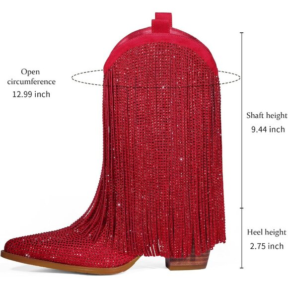 ⚡Women's Red Ankle Boots Western Rhinestone Sparkly Fringe Chunky Heel - Picture 6 of 7